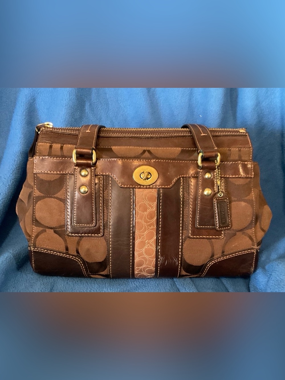 Coach Brown Signature Leather Messenger Bag with Gold-Tone Hardware